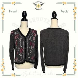 Vintage Lise J Embroidered Floral Cardigan Sweater Womens Size Large Gray Cotton